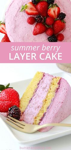 a slice of strawberry layer cake on a white plate with strawberries and raspberries