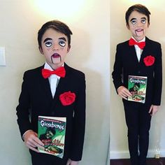 two pictures of a boy in a suit and tie with his mouth open while holding books