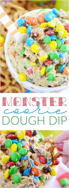 monster cereal dip with m & m candies in it and the title overlay