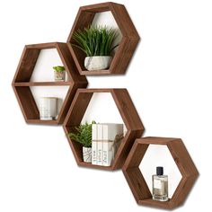 three wooden hexagonal shelves with plants and books