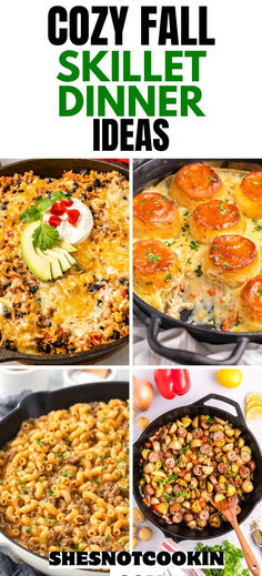 Photo collage of four skillet dinner recipes. Cast Iron Skillet Meals Dinners, Skillet Recipes Dinner, Skillet Dinner Ideas, Stovetop Meals, Cast Iron Skillet Recipes Dinner, Easy Skillet Dinner, Pan Dishes, Electric Skillet, Easy Crockpot Dinners