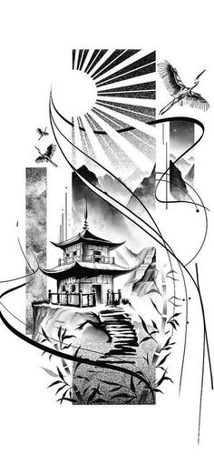 an artistic black and white drawing of a building with birds flying over it, in the background