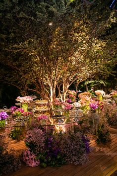 an outdoor garden with lots of flowers and trees lit up by lights at night time