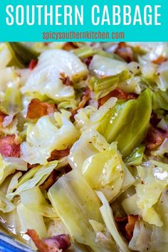 a blue and white plate topped with cabbage and bacon