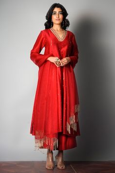 Buy Beige 100% Cotton Silk And Airawata Revathi Chogha & Farshi Pant Set For Women by Torani Online at Aza Fashions. Red Kurta, Kurta Set For Women, Simple Kurti Designs, A Line Kurta, Embroidered Neckline, Indian Fashion Designers, Kurta With Pants, Anarkali Dress, Embroidered Tunic