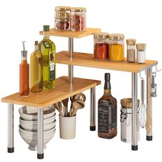 two wooden shelves with different types of condiments and bottles on each shelf,