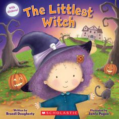 the littlest witch is standing in front of pumpkins