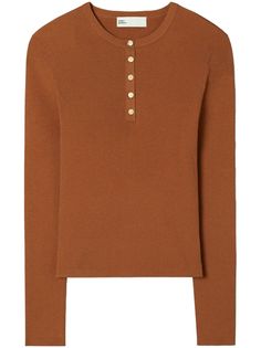 cinnamon brown ribbed knit round neck short front button fastening long sleeves straight hem Brown Ribbed Tops For Workwear, Classic Brown Ribbed Tops, Brown Crew Neck Top With Buttons, Classic Brown Ribbed Sweater, Fall Long Sleeve Henley With Ribbed Cuffs, Classic Brown Fine Knit Top, Brown Knit Top With Buttons, Brown Fine Knit Crew Neck Top, Fall Ribbed Long Sleeve Henley