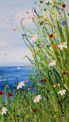 an oil painting of wildflowers and grass by the ocean with dots in the sky