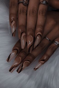 Brown Nails For Prom, Black And Brown Acrylic Nails, Tan Acrylic Nails Coffin, Dark Color Nails Design Ideas, Brown And Tan Nail Designs, Nude And Brown Nail Designs, Brown Nails Design Coffin, Tan Nails Acrylic Design, Brown French Tip Nails With Design