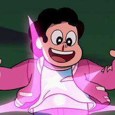 a cartoon character with his arms out and eyes wide open, wearing a pink outfit