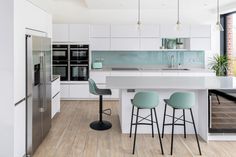 a kitchen with white cabinets and blue bar stools