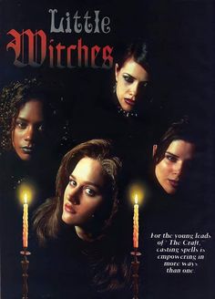 an advertisement for little witches with candles in front of her face and the words little witches written on it