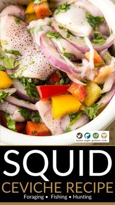 the cover of squid cevichche recipe is shown in front of a plate of vegetables