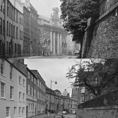 black and white photos of old buildings in an urban area with cobblestone streets