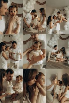 a collage of photos showing people and babys in white outfits with balloons on the wall