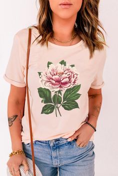 Pink Flower Print Crewneck Short Sleeve Top Casual Rose Print Blouse For Spring, Spring Crew Neck Blouse With Floral Print, Spring Floral Print Crew Neck Blouse, Spring Rose Print Short Sleeve T-shirt, Feminine Crew Neck T-shirt For Spring, Feminine Short Sleeve Top With Rose Print, Trendy Rose Print T-shirt For Spring, Casual Rose Print Top For Spring, Spring Cotton T-shirt With Rose Print