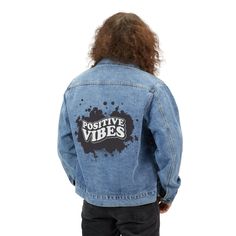 Elevate your style with this men's denim jacket featuring inspirational and motivational messages. Introducing our Positive Vibes Denim Jacket.    ✨✨ Design Option: Visit our store's clothing section to find similar Positive Vibes Jacket designs or discover a variety of unique and fashionable Inspirational or Motivational Denim Jackets for men. ✨✨Design Detail: Elevate your style and spread positivity wherever you go with our Men's Denim Jacket featuring the dynamic design of 'POSITIVE VIBES'. B Denim Blue Letter Print Outerwear For Streetwear, Denim Blue Outerwear With Letter Print For Streetwear, Urban Denim Jacket With Graphic Print, Urban Denim Jacket With Letter Print For Streetwear, Denim Jacket With Letter Print For Streetwear, Streetwear Denim Blue Denim Jacket With Letter Print, Casual Denim Blue Jacket With Letter Print, Urban Denim Blue Jacket With Graphic Print, Casual Denim Jacket With Letter Print For Streetwear