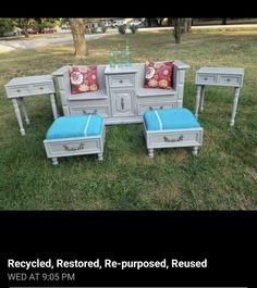 an old dresser is repurposed and re - purposed into a vanity with stools