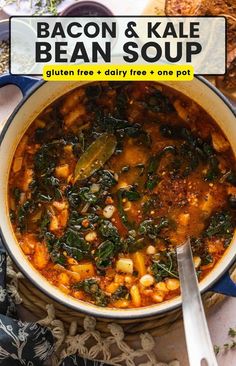 Bacon & Kale Bean Soup pinterest marketing image: gluten free + dairy free + one pot