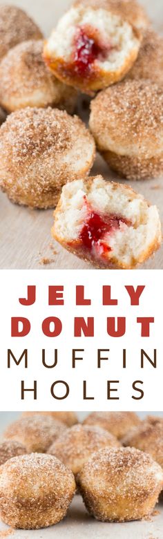 jelly donut muffin holes with powdered sugar and jelly filling on the top