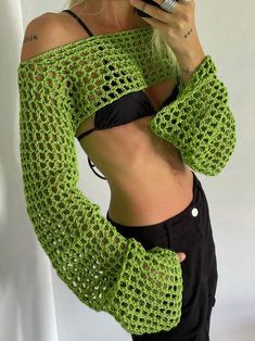 Concert Fit Ideas, Y2k Beach, Summer Long Sleeve, Knitted Crop Top, Red Crochet, Crop Top Women, Women Y2k, Crochet Crop Top, Long Crop Top