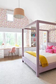 a bedroom with pink and yellow decor on the walls is featured in instagramn