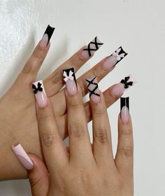 Black And Pink Bow Nails, Y2k Nails Acrylic Hello Kitty, Sanrio Almond Nails, Black Easter Nails, How Nails, Pink And Black Short Nails, Short Pink And Black Nails, Hello Kitty Nails Black, Almond Y2k Nails