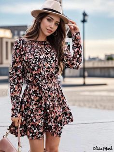 Olivia Mark - Floral Print Long Sleeve Waist-Defining Dress Cinched Dress, Sequin Mermaid Dress, Dress With Pleats, Gathered Dress, Coffee Color, Party Dress Long Sleeve, Skirt Belt, Crewneck Dress, Long Sleeve Turtleneck