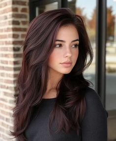 Fall Hair For Latinas, Dark Brown With Cherry Highlights, Cherry Cola Colored Hair, Dark Brown Hair For Fair Skin, Subtle Plum Hair, Dark Purple Hair Pale Skin, Mahogany Brunette Hair, Brown Hair With Plum Highlights, Dark Cherry Cola Hair Color Brown Skin