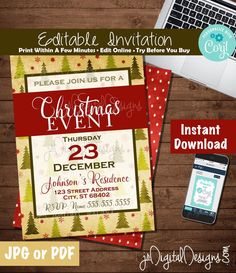 christmas party flyer with laptop and other items on wooden table next to phone, tablet