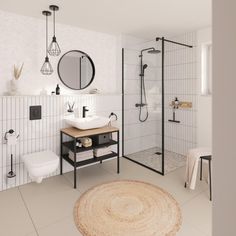 a bathroom with a rug, sink and shower stall in the middle of the room