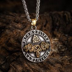 Dual Colored Stainless Steel Circular Twin Wolf and Valknut Necklace-Viking Necklace-Norse Spirit Love Runes, Norse Fenrir, Symbol Of Family, Halls Of Valhalla, Valknut Symbol, Viking Rings, Helm Of Awe, Mens Shoulder Tattoo, Viking Shield