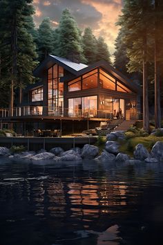 an artist's rendering of a house in the woods at night with lights on