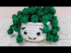 a crochet potted plant with green leaves on it's head and eyes