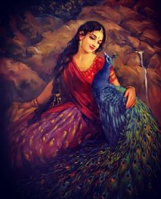 a painting of a woman holding a peacock