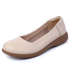 Add some fun and flair to your shoe collection with the Rosalinda Women's Slip-On Flats! by USS Shoes Made with genuine cow leather, these loafers feature a round toe and shallow design for a trendy and comfortable fit. Perfect for spring and autumn, slip them on and take on the day in style. Beige Slip-on Leather Shoes For Spring, Spring Beige Leather Shoes, Beige Leather Shoes For Spring, Leather Slip-on Ballet Flats For Spring, Comfortable Beige Flat Heel Loafers, Spring Office Flats With Rubber Sole, Comfortable Beige Ballet Flats With Round Toe, Spring Office Ballet Flats With Rubber Sole, Comfortable Leather Shoes For Spring