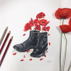 a drawing of a pair of black boots with red poppies in the background and pencils