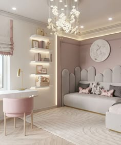 a pink and white bedroom with a chandelier hanging from the ceiling