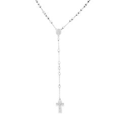 A statement of faith, this rosary inspired beaded necklace features a medallion of the blessed virgin and a powerful cross. Crafted in lustrous 14K white gold. Chain length: 24 inches. Cross size: 21.4mm x 12.1mm. Total weight: 14.00 grams. Comes with a presentable gift box.