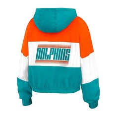 Officially Licensed NFL Wear Color Block Windbreaker Jacket Showcase your team style with this color block zip windbreaker from WEAR by Erin Andrews. Contrasting colors and woven patches make this the perfect gameday look. Erin Andrews, Nfl Miami Dolphins, Quarter Zip Jacket, Uniform Design, Miami Dolphins, Navy Color, Lightweight Jacket, Woman Colour, Online Retail