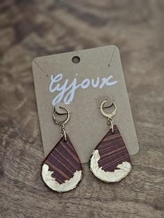 Handmade earrings made with she-oak wood and gold leaf Gold Leaf-shaped Earrings For Gift, Wood Leaf Earrings, Leaf-shaped Brass Earrings As Gift, Leaf-shaped Brass Earrings For Gift, Artisan Brown Wood Earrings, Gold Wood, Gold Leaf, Handmade Earrings, Jewelry Earrings Dangle