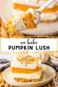 a slice of no bake pumpkin lush cake on a white plate with a fork