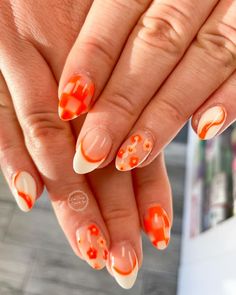 Orange white and nude nails, flower nail art, swirl trend, checkered nails, French tip Checkered Nails, Teen Nails, Cruise Nails, Summer Nail Colors, Summer Nail Polish, Spring Acrylic Nails