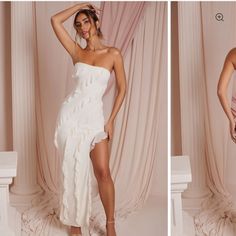 New With Tags Bandeau Neckline Pull On Design Asymmetric Ruffle Detailing Throughout Asymmetric Hemline Maxi Length, Approx. 133 Cms Based On A Us Size 10 Italian Love, Bandeau Dress, Oh Polly, Dress Satin, Dresses Backless, Love Stories, Embellished Dress, White Maxi Dresses, Birthday Dresses