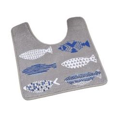 a gray bib with blue and white fish on the front, one side is open