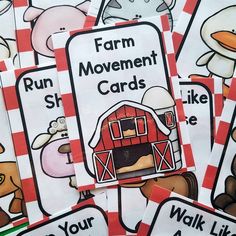 several farm movement cards are shown in red and white checkered paper with animals on them