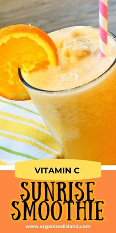 an orange smoothie in a tall glass with a striped straw next to it and the text vitamin c sunrise smoothie