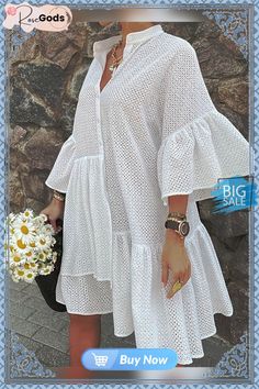 Women's Shift Dress Knee Length Dress - Half Sleeve Solid Color Button Summer V Neck Hot Casual Flare Cuff Sleeve Loose White Black White Dresses 3/4 Sleeve Shirt Dress For The Beach, Summer Knee-length Shirt Dress With Button Cuffs, 3/4 Sleeve Beach Dress With Buttons, Beach Dresses With Buttons And 3/4 Sleeves, Beach Dresses With 3/4 Sleeves And Buttons, Summer V-neck Dress With Button Cuffs, Spring V-neck Dress With Button Cuffs, Summer Dresses With Button Cuffs, Summer Long Sleeve Mini Dress With Button Closure