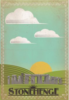 an old poster with the words stonehenge in front of a green field and clouds